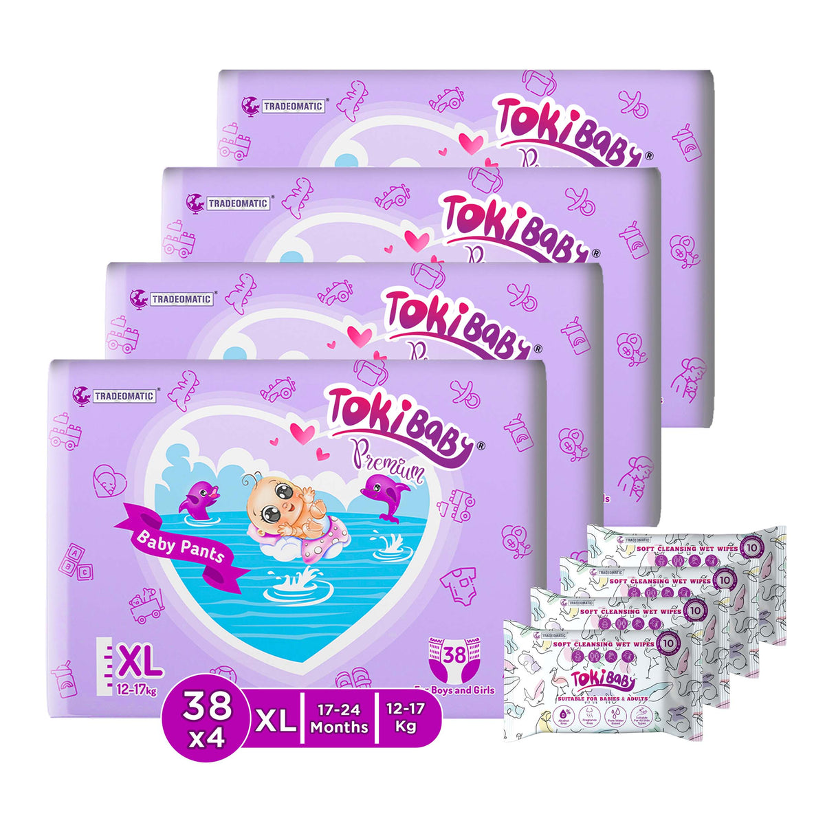 TokiBaby Premium Care Pants, Pant Style Baby Diapers, All-in-1 Diapers Pants with Wet Wipes-Pack of 4