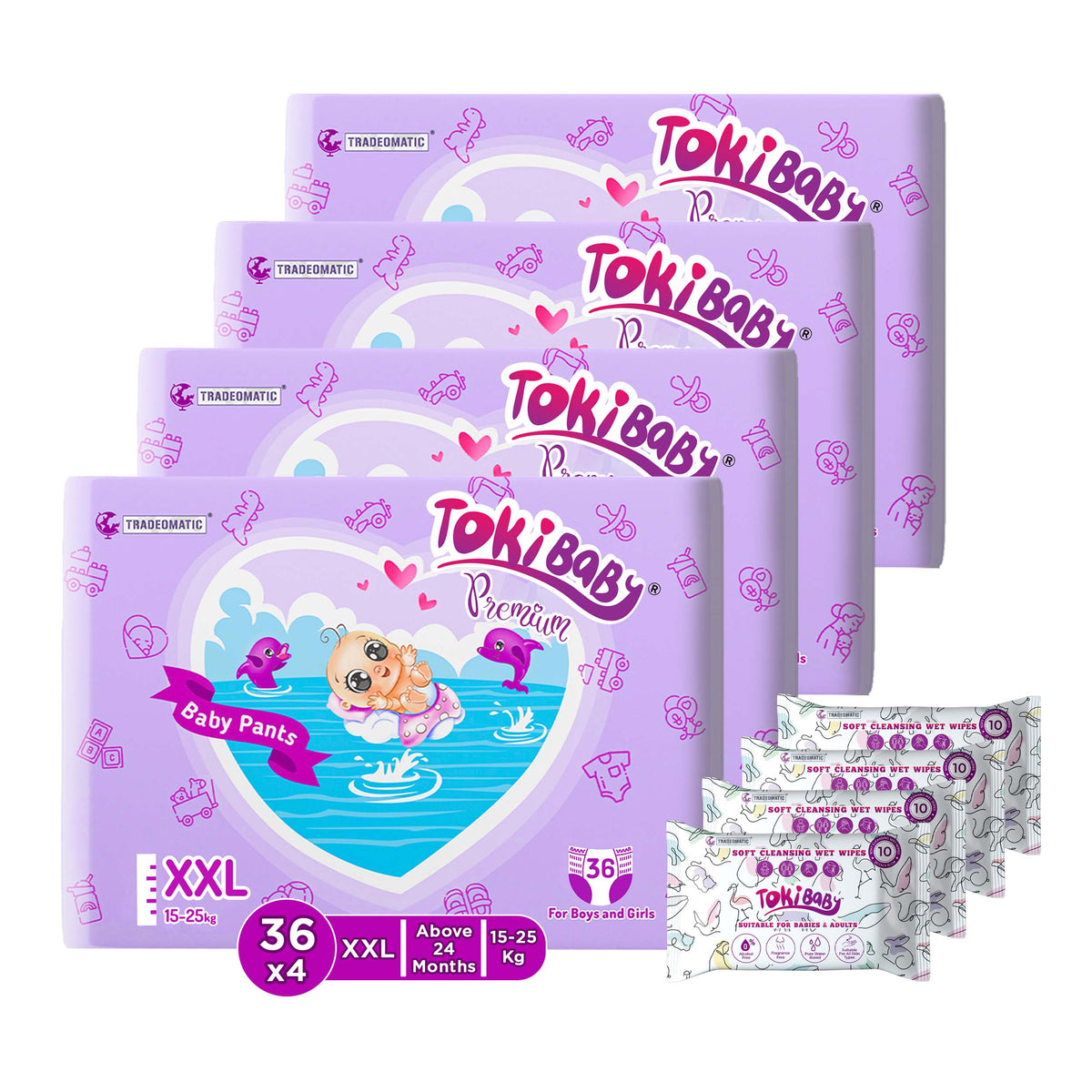 TokiBaby Premium Care Pants, Pant Style Baby Diapers, All-in-1 Diapers Pants with Wet Wipes-Pack of 4