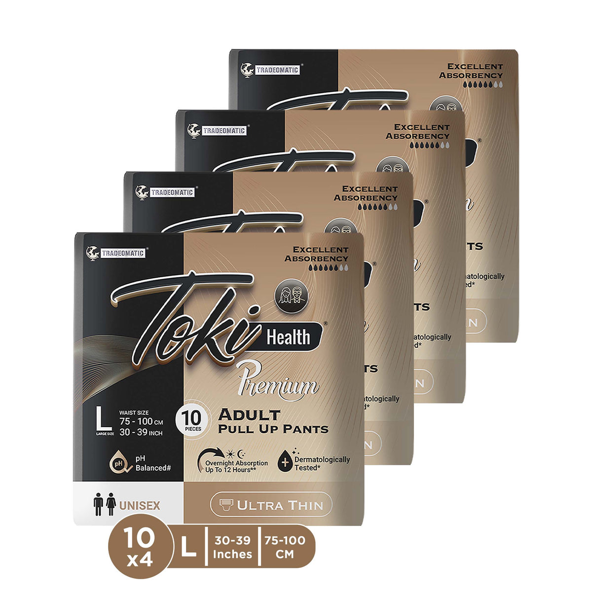 TokiHealth Ultra Thin Premium Adult Diapers Pant Pull up Style with odour lock, Super Absorbent Core Pack of 4